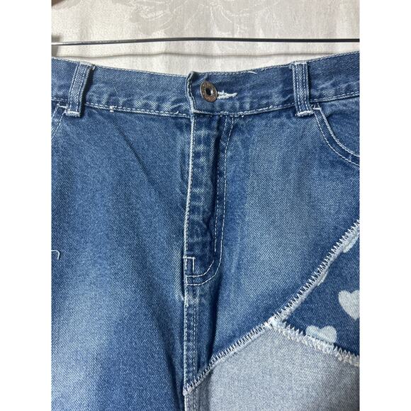 Vintage Jean Skirt 9 10 Patchwork Hearts Pencil Knee Length Distressed Juke Box - Picture 4 of 14